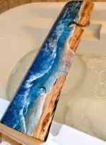Live Edge Wood Bath Caddy: Beach Resin Bathtub Tray with Wine Slot - Image 2
