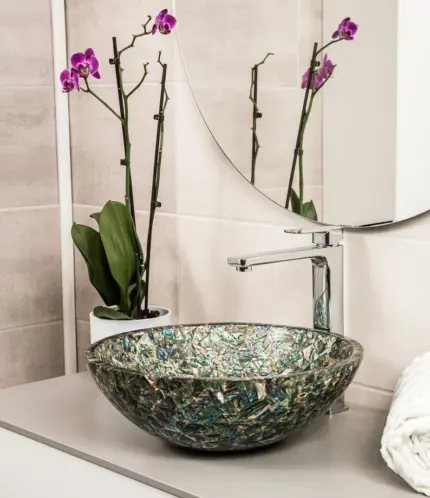 Abalone Shell Sink | Abalone Shell Wash Basin | Abalone Shell Powder Room Sink | Shiny Gemstone Table Mounted Basin | Abalone Shell Vessel