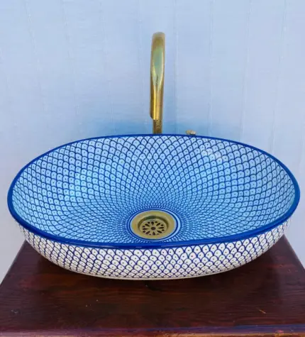 Handcrafted Blue Ceramic Sink-Moroccan sink-Elegant Bathroom Vessel-Ceramic sink-Artisan Bathroom Vessel-Handmade Ceramic Wash Basin-ScayFez