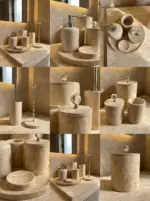 Handmade Travertine Bathroom Set | Diamond Accessory | 8 Piece - Image 2