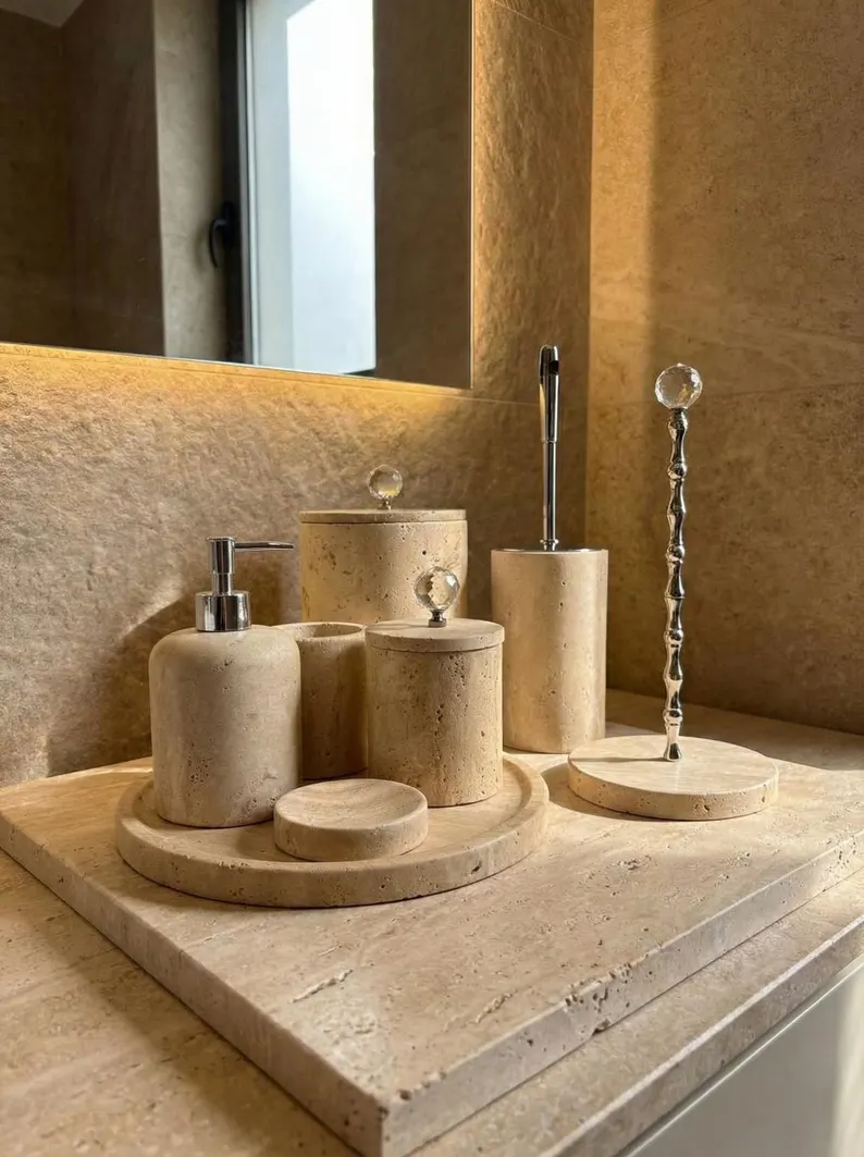 il_794xN.7684288237_qr8j Handmade Travertine Bathroom Set | Diamond Accessory | 8 Piece - Image 1