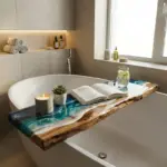 Live Edge Wood Bath Caddy: Beach Resin Bathtub Tray with Wine Slot