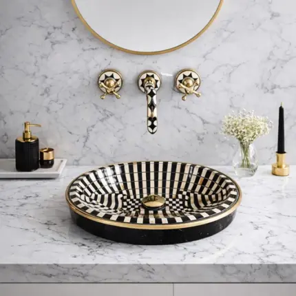 Handmade Mosaic Vessel Sink – Black & White Resin, Brass Trim