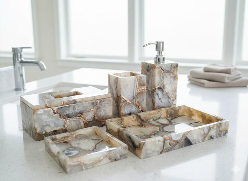 il_794xN.7761476762_m36s Handmade Agate Bathroom Accessories Set Luxury Stone Vanity Decor - Image 1